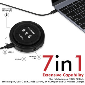 PROMATE All-in-One CenterHub Maroon USB-C™ Hub with 100W Power Delivery & 10W Qi Wireless Charger