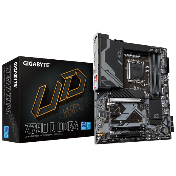 Gigabyte Z790 D DDR4 Motherboard featuring an Intel Z790 chipset, support for 12th and 13th Gen Intel processors, DDR4 memory, PCIe 5.0, dual M.2 slots, advanced cooling, and multiple USB 3.2 ports for high-performance gaming and computing applications.
