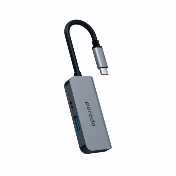 Porodo 3 in 1 Aluminum USB-C Hub , Silver | PD-4K31C-GY