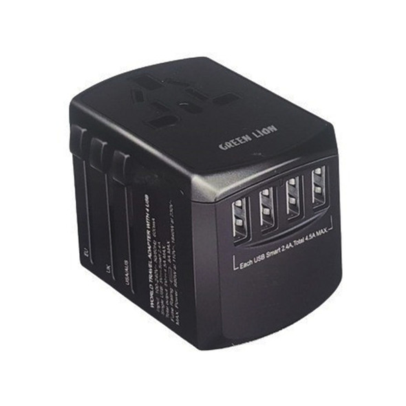 Green Lion Universal Travel Adapter, 4 USB Port 5V 4.5A ,Black | GNAD4USBBK