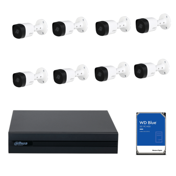 Dahua XVR1B08-I 8Ch 2MP 1080N And Eight Dahua HAC-B1A21 2MP 2.8mm HDCVI IR Bullet Camera With WD BLUE 1TB 3.5" SATA HDD For Desktop