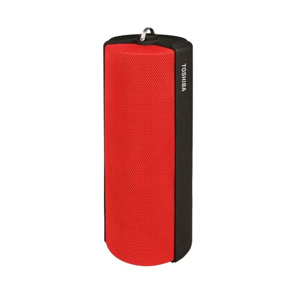 Toshiba TY-WSP70 red portable Bluetooth speaker with fabric grille and built-in microphone