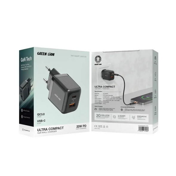 Green Lion Ultra Compact GaN Wall Charger EU Pin A+C 20W | GNAD20PQEUWBK