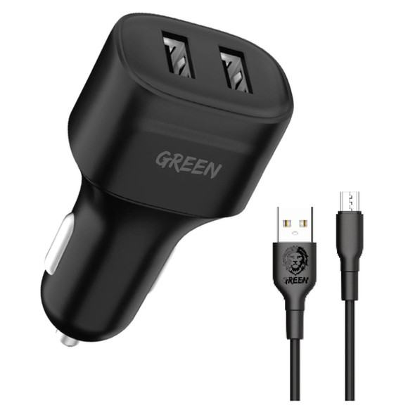 Green Lion Dual Port Car Charger 12W with PVC Micro USB Cable 1.2M - Black | GNCC24MCRBK