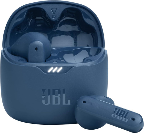 JBL Live Flex true wireless noise cancelling earbuds blue color with charging case