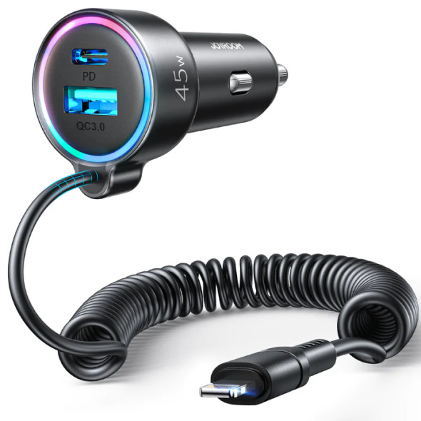 Joyroom JR-CL08 3-in-1 Car Charger with Coiled Cable | JR-CL08
