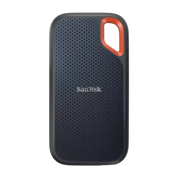 A rugged, black and orange portable SSD featuring a textured rubberized grip for durability, an aluminum heat-dissipating chassis, and a built-in carabiner loop for on-the-go convenience. Compact yet powerful for high-speed storage anywhere.