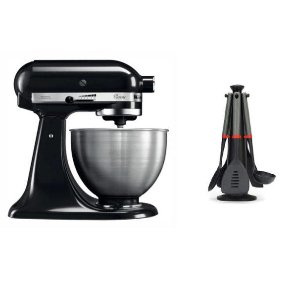 KitchenAid 4.3 L Artisan Stand Mixer - Onyx Black + FREE Joseph Joseph DUO 5-piece Utensil Carousel Set With Stand | 5K45SSEOB + 80040