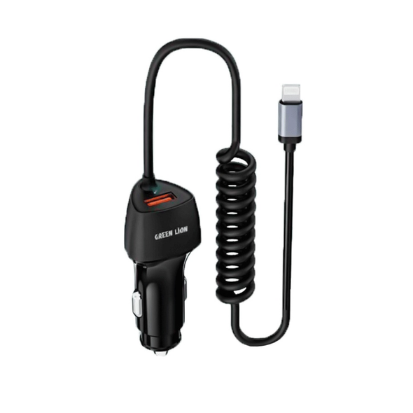 Green Lion Integrated 38W Car Charger with Lightning Cable - Black | GNIT38WLGCCBK