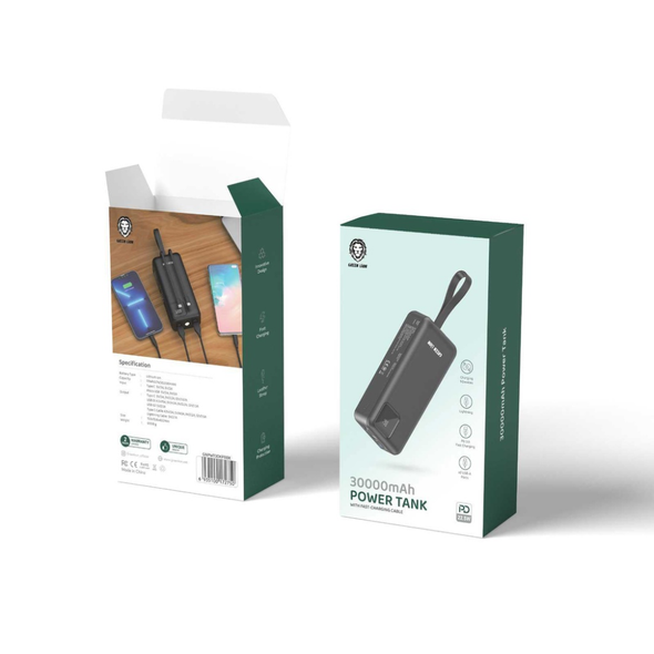 Green Lion Power Tank Power Bank 30000mAh PD 22.5W with Fast Charging Cable - Black | GNPWT30KPBBK