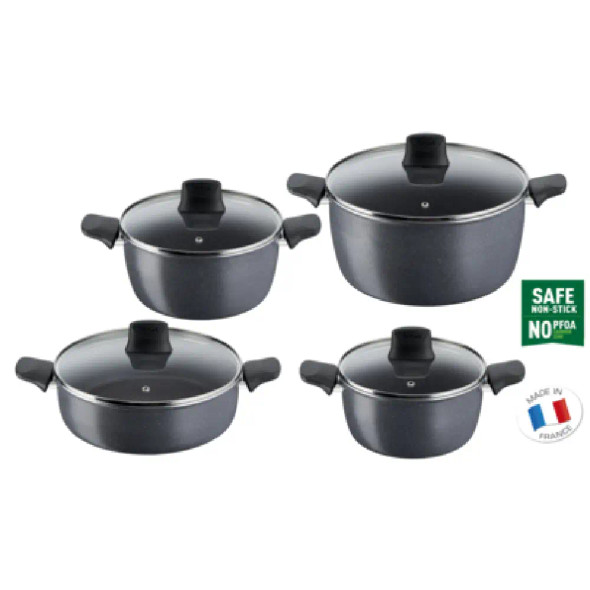 Tefal Hard Stone 8 pc set stewpots 20/22/28 cm, shallow pan 26 cm+lid |D4549283