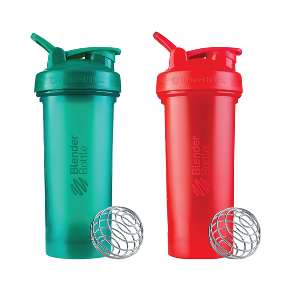 BlenderBottle 28-Ounce Classic V2 Shaker Bottle Perfect for Protein Shakes and Pre Workout, Red/Green (2 Pack) | SC01730