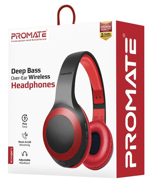 Promate LABOCA RED Wireless Headphone, Powerful Deep Bass Bluetooth v5.0 Headphone with MicroSD Playback, 3.5mm Wired Mode, Hi-Fi Stereo Sound, 5H Playtime, Built-In Mic and Control for Smartphones, LaBoca