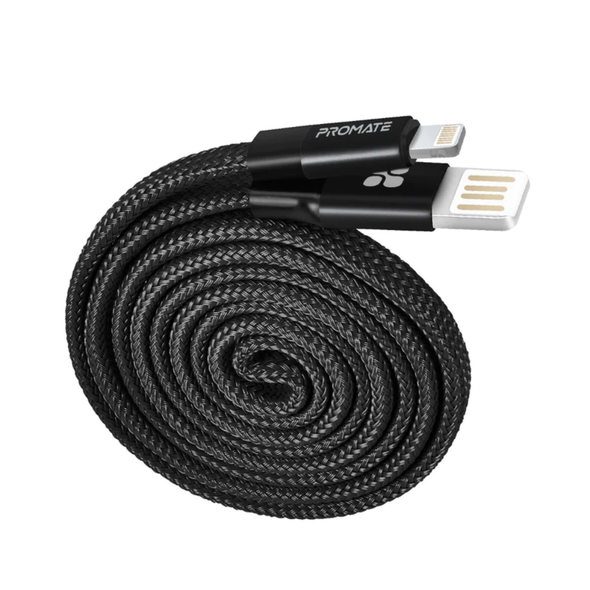 Promate Durable Aluminium Alloy Auto-Rolling Reversible USB-A to Lighting Cable with 2A Fast Charging | COILINE-I. BLACK