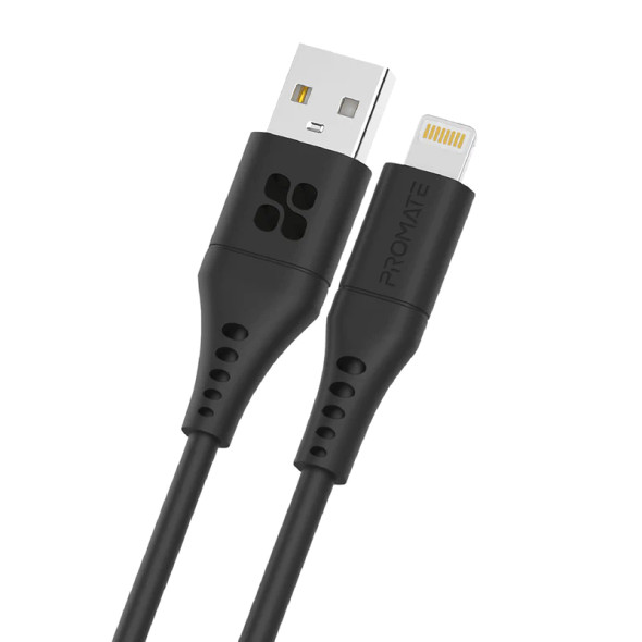 Promate USB-A to Lightning Data and Charge Flexible Silicon Cable, 2m Length,Black | POWERLINK-AI200.BLACK