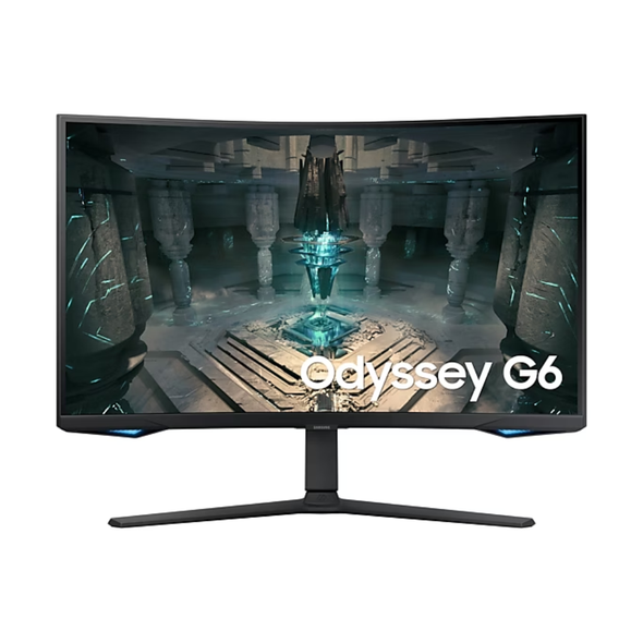 Samsung Odyssey G6 32-inch QHD curved gaming monitor with RGB lighting on gaming desk