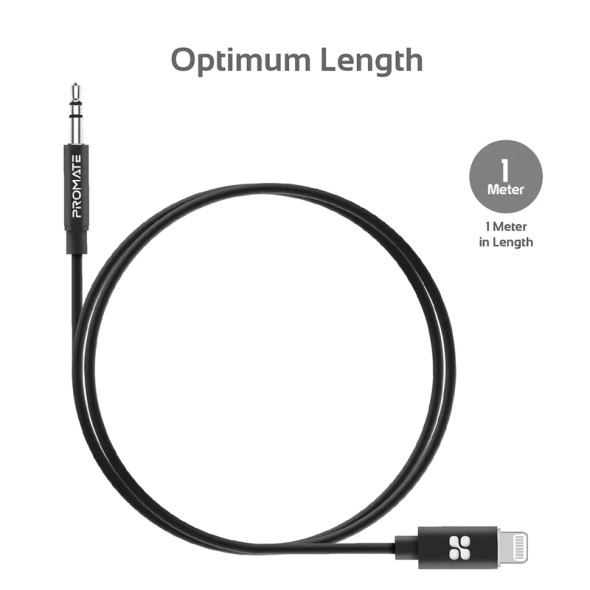 Promate MFi-certified 3.5mm Stereo Audio Cable with Lightning Connector 1M ,Black | AUDIOLINK-LT1. BLACK