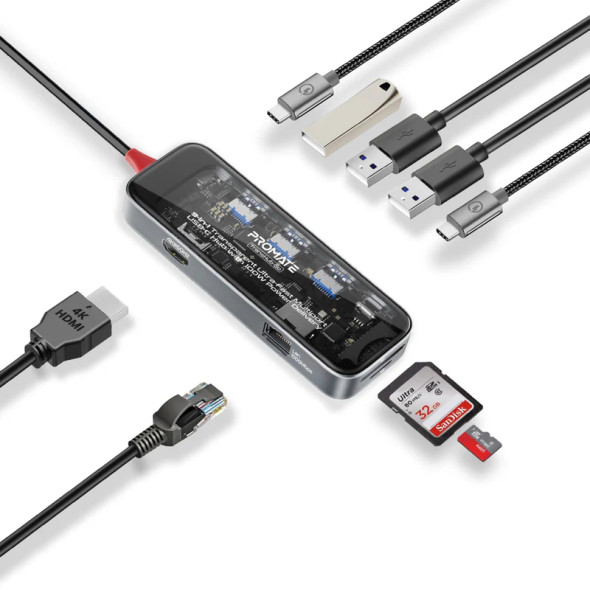 Promate 9-in 1 Transparent Ultra-Fast Multiport USB-C Hub | TransHub-Go