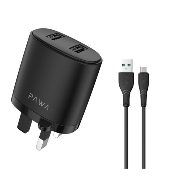 Pawa Dual USB Port Charger With USB-C Cable, Black | PW-24AIUKC-BK