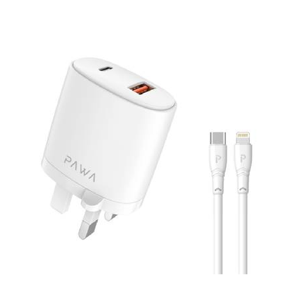 Pawa Dual PD and QC Port Charger With USB-C to Lightning Cable, White | PW-PDQC3CL-WH