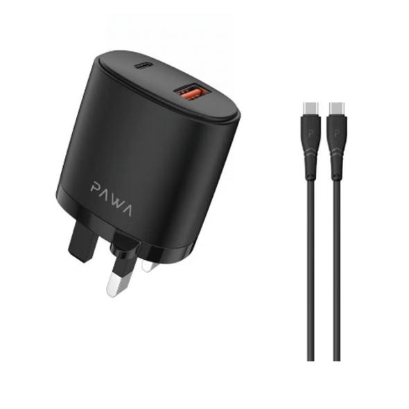 Pawa Dual PD and QC Port Charger With USB-C to USB-C Cable, Black | PW-PDQC3UKCC-BK