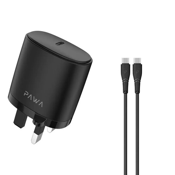 Pawa 20W PD Port Charger With Type-C to Type-C Cable, Black | PW-PDUKCC-BK