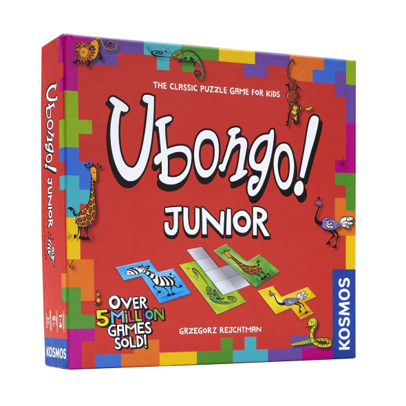 Ubongo Junior board game box colorful animal tiles puzzle boards gemstones kids