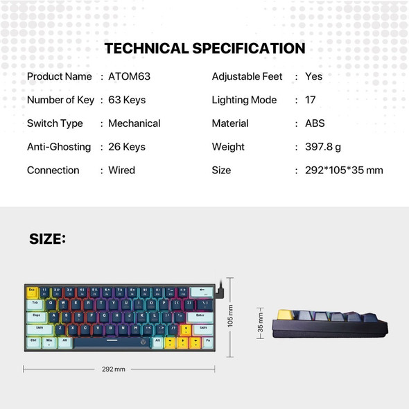 Fantech Atom63 Mk874v2 Mechanical Gaming Keyboard – 60% , 63 Total Keys , Navy Blue | MK874V2-NAB
