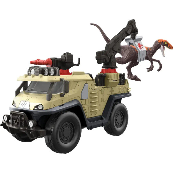 Mattel Jurassic GWD66 World Dominion Capture & Crush Truck with Velociraptor, Vehicle Toy with Tranq Shooter, Crane & 2 Breakaways | MJ-TOY-GWD66