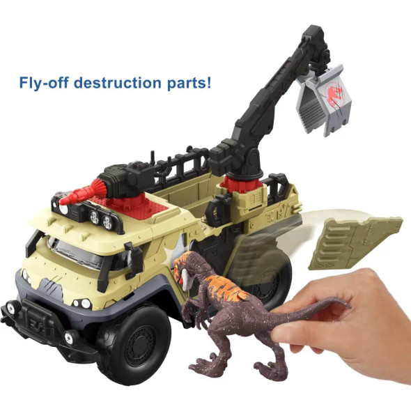 Mattel Jurassic GWD66 World Dominion Capture & Crush Truck with Velociraptor, Vehicle Toy with Tranq Shooter, Crane & 2 Breakaways | MJ-TOY-GWD66