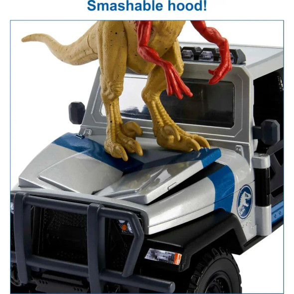 Mattel Jurassic HKY13 World Toys Search 'N Smash Truck Set with Atrociraptor Dinosaur & Human Action Figure, Vehicle with Destruct Features | MJ-TOY-HKY13