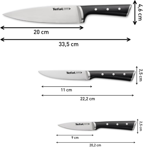 Tefal Ice Force 3 piece knife set chef utility and paring knives with German stainless steel blades black handles