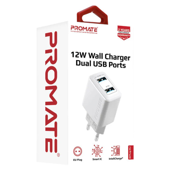 Promate Wall Charger with Dual USB Ports - White | BIPLUG.WHT
