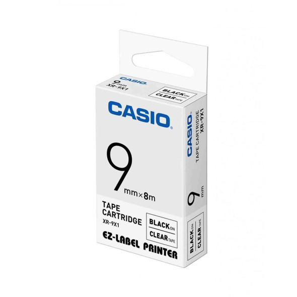 Casio XR-9X1 9mm black on clear transparent label tape cassette cartridge for KL series printers