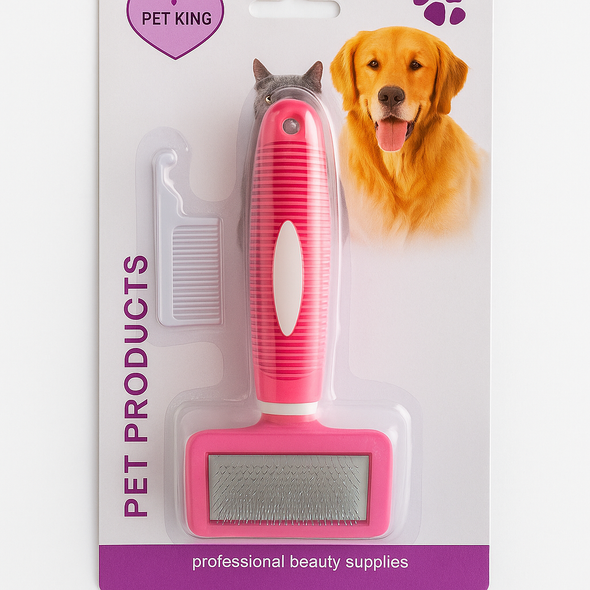 Pet Grooming Brush with Comb - Medium Slicker Brush for Cats & Small Dogs - Pink Pet Grooming Brush with Comb - Medium Slicker Brush for Cats & Small Dogs - Pink