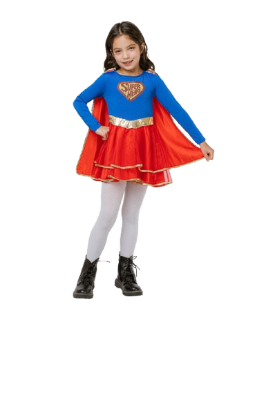 Superhero Girl Costume (Blue & Red Long-Sleeved Dress with Gold Belt) - Medium Size | 091932 Superhero Girl Costume (Blue & Red Long-Sleeved Dress with Gold Belt) - Medium Size | 091932