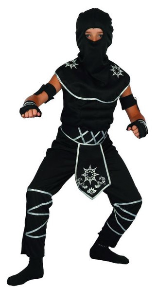Black Ninja Costume (Pants, Shirt, Arm Bands, Sleeves, Belt) - Small Size (110–120 cm) | 091319