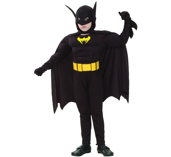 Batman Costume (Muscle Jumpsuit, Belt, Hood with Cape) - Medium Size (120–130 cm) | 087130