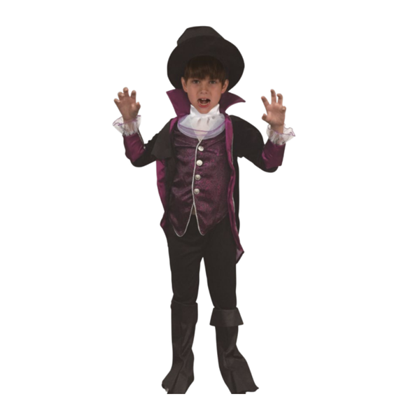Vampire Costume (Jacket with Cape, Vest, Collar, Hat, Pants, Boot Covers) - Small Size (110-120cm) | LK018