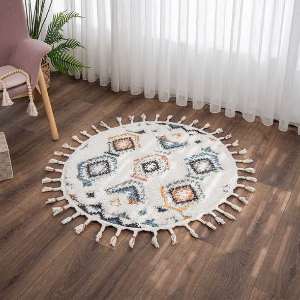 Zymta Barcelona Chain 100 x 100 cm Round Winter Carpet - Cream / Blue / Grey / Yellow | 8699903693659