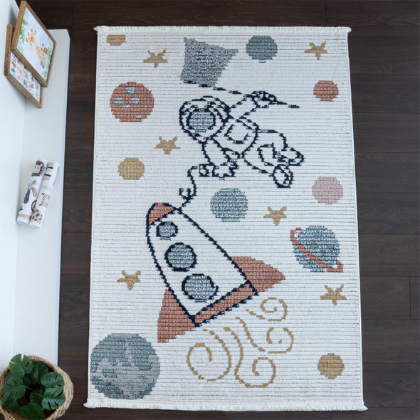Zymta Comfy Space Astronaut 160 x 230 cm Winter Carpet - Off White / Navy Blue / Salmon / Yellow | co1054