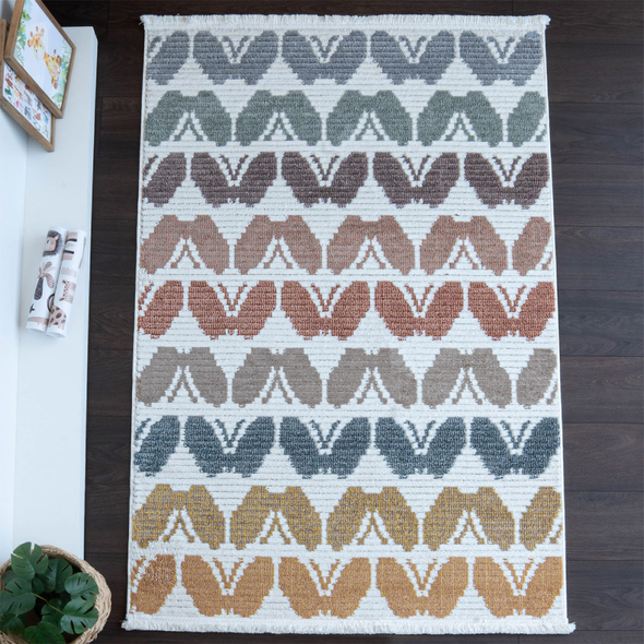 Zymta Comfy Butterflies 120 x 180 cm Winter Carpet - Off White / Brown / Green / Terracotta | co1103