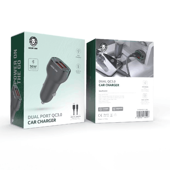 Green Lion Dual Port QC3.0, 2*USB-A Output, 36W Total Output Car Charger | GN36WQCC2LBK