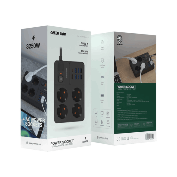 Green Lion EU Power Socket 7 USB-A Port & 1 PD Port - Black | GNPS7UPDBK