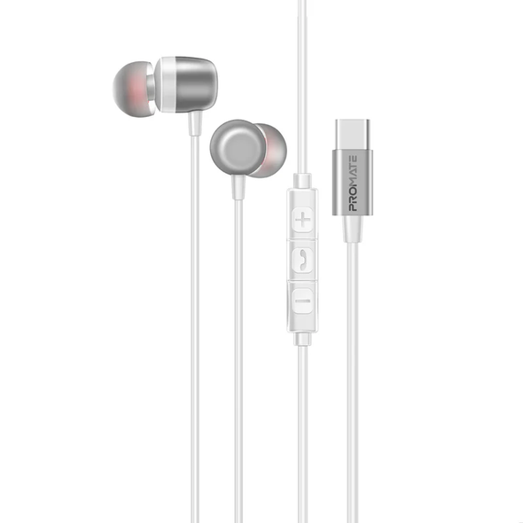 Promate Ergonomic In-Ear USB-C Wired ENC Stereo Earphones - White | Silken-ENC.WHITE