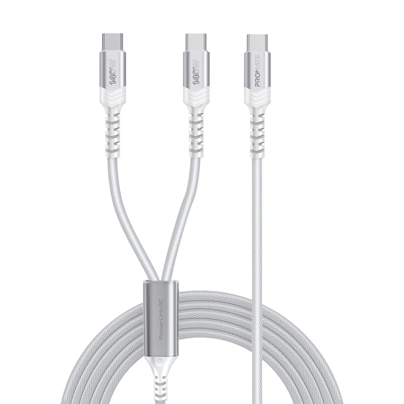 Promate 140W High-Speed Fabric Braided USB-C to Dual USB-C Charging Cable - White | PowerLink-3C.WHITE