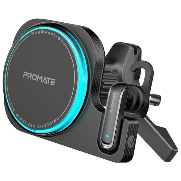 Promate 2-in-1 MagSafe Compatible 15W Wireless Car Charger with Built-in Wireless Mono ENC Earphone | MAGMOUNT-BT
