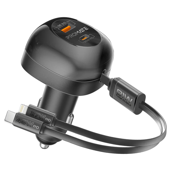Promate 81W Multi-Port Car Charger with Retractable USB-C & Lightning Cables | POWERDRIVE-RCI81