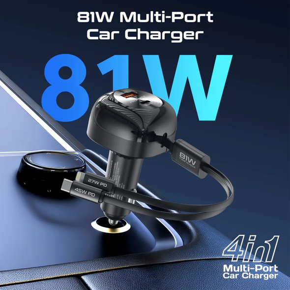 Promate 81W Multi-Port Car Charger with Retractable USB-C & Lightning Cables | POWERDRIVE-RCI81
