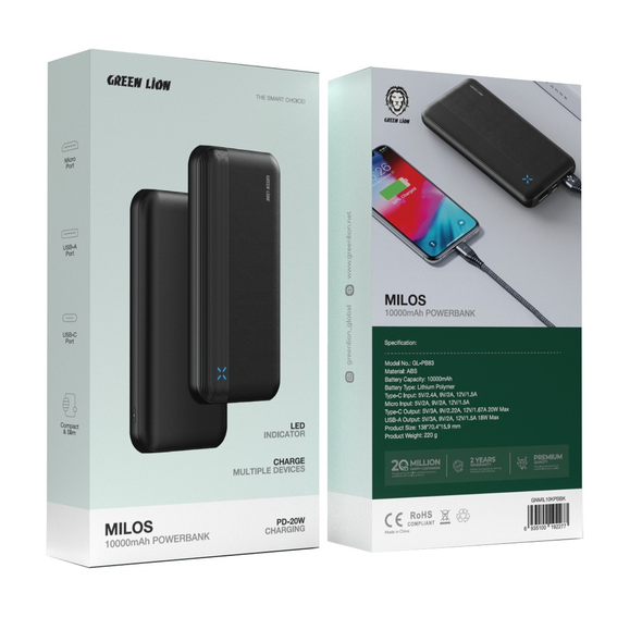 Green Lion Milos 10000mAh Power Bank PD 20W | GNMIL10KPBBK
